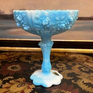 VTG Fenton Blue White Swirl Marble Glass Rose Pattern Tall Scalloped Bowl Signed